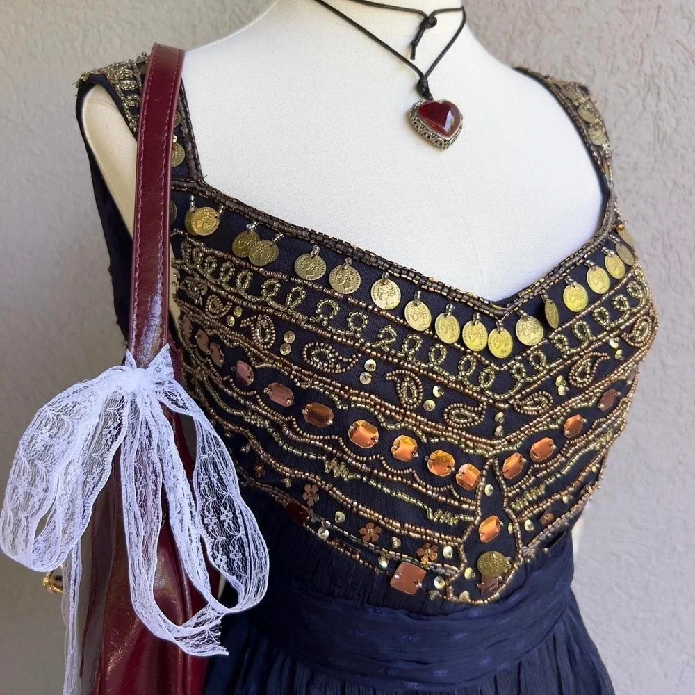 Free‎ People Indigo Blue Coin Embellished Dress Size 6 Beaded $350 Retail